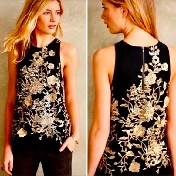 Sunday in Brooklyn Tops - Sunday In Brooklyn Sleeveless Black With Gold Embroidered Roses Blouse